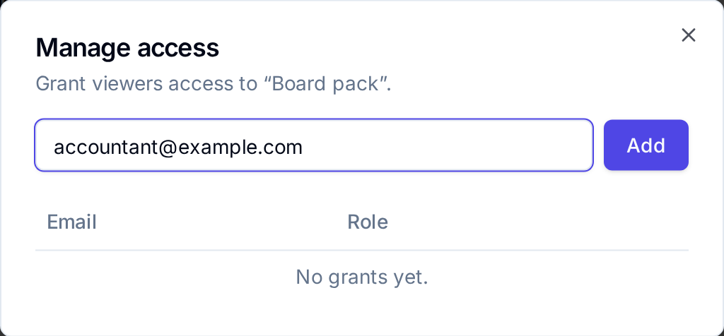 Manage access for Board pack with accountant@example.com in Email address, Add, and No grants yet
