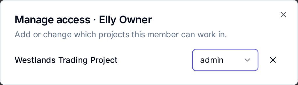 Manage access for Elly Owner: Westlands Trading Project with the role admin and a remove button