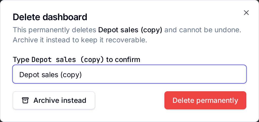 Delete dashboard dialog for Depot sales (copy) with the name typed to confirm, Archive instead and Delete permanently