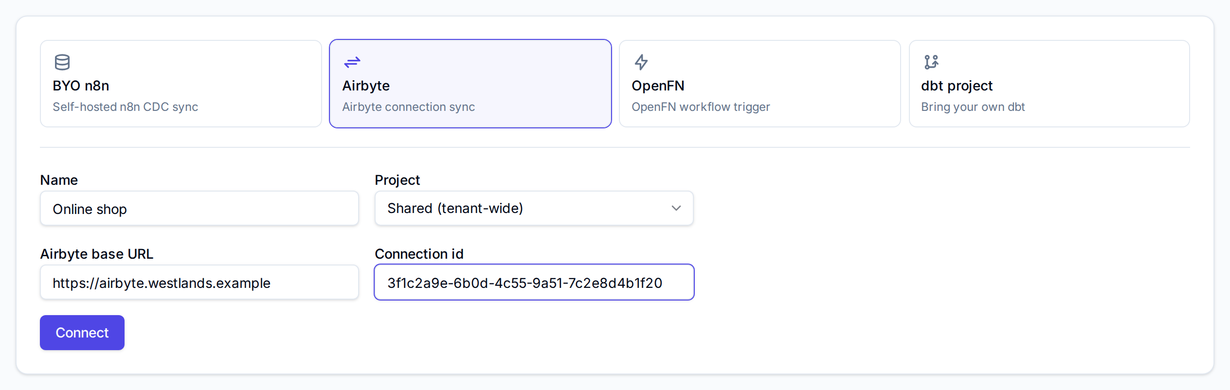Integrations with Airbyte selected: Name Online shop, Airbyte base URL and Connection id