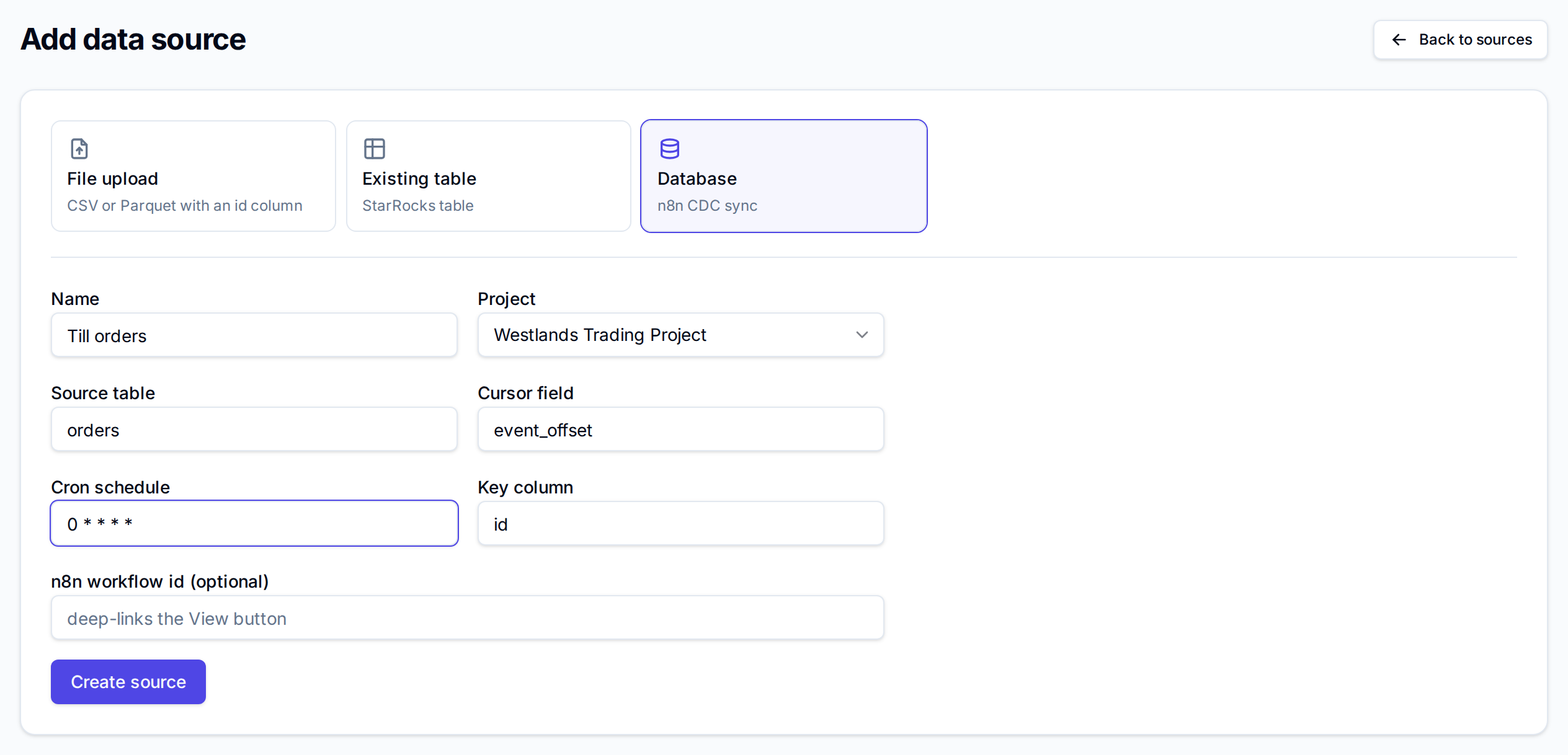 Add data source with Database selected: Name Till orders, Source table orders, Cursor field event_offset, Cron schedule 0 * * * *, Key column id