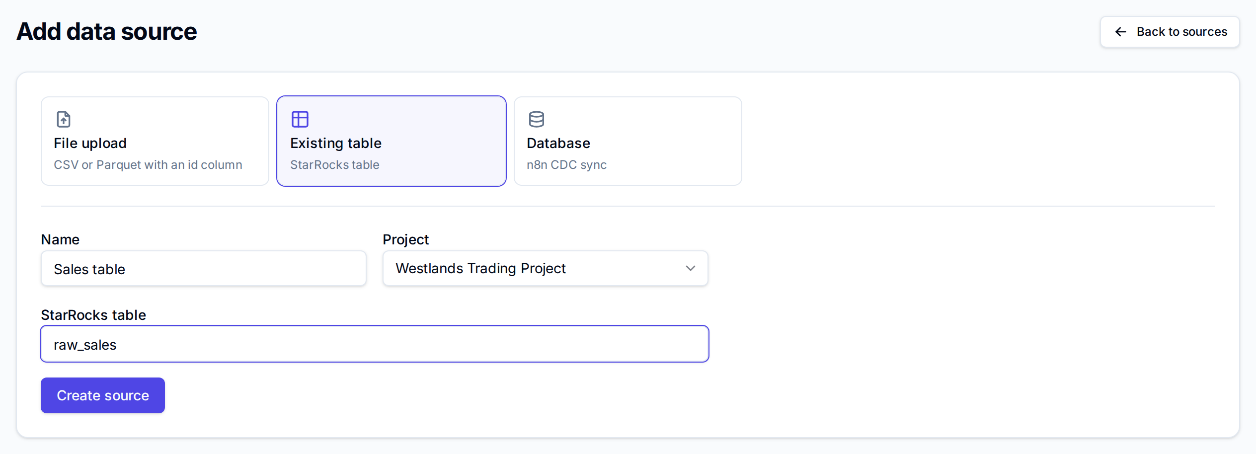 Add data source with Existing table selected: Name Sales table, Project Westlands Trading Project, StarRocks table raw_sales