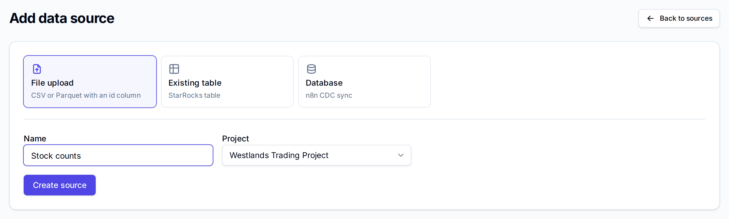 Add data source with File upload selected, Name Stock counts and Project Westlands Trading Project