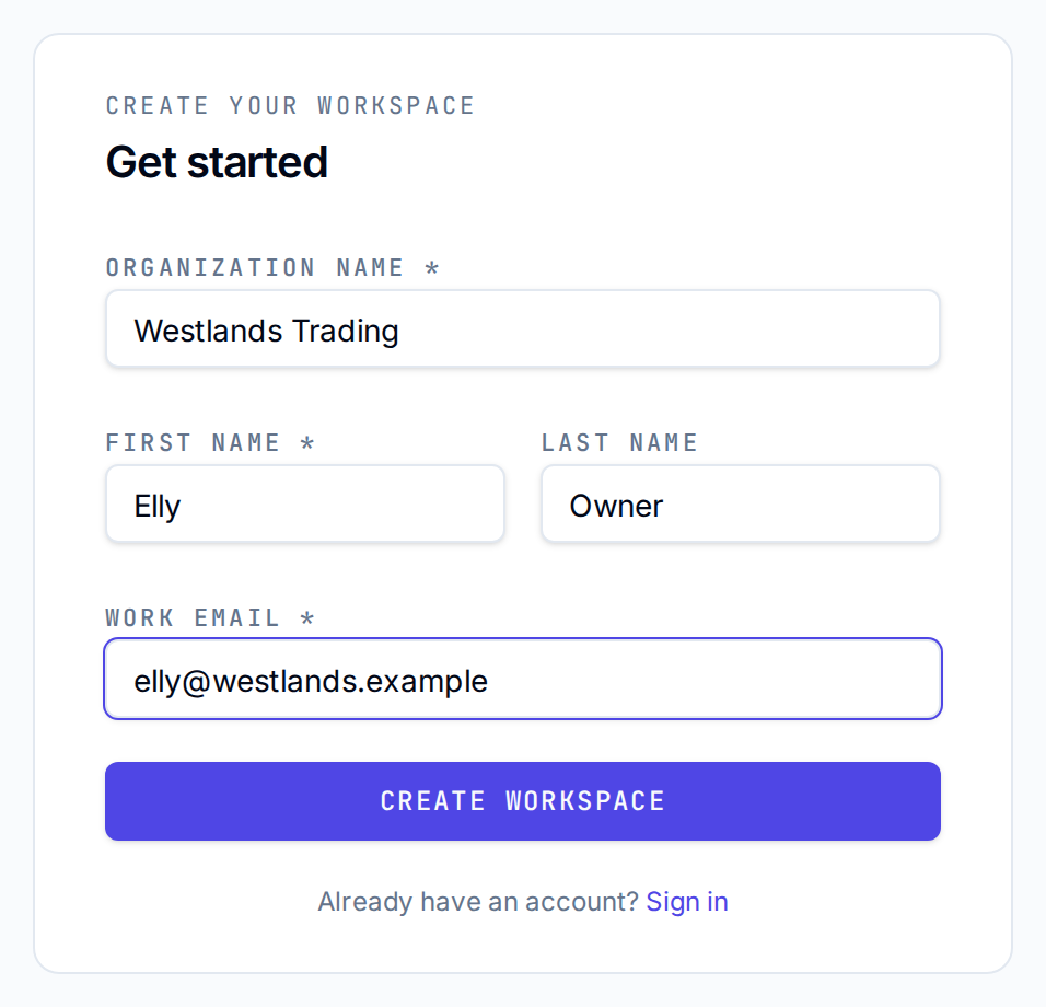 Get started form with Organization name Westlands Trading, First name Elly, Last name Owner and a work email