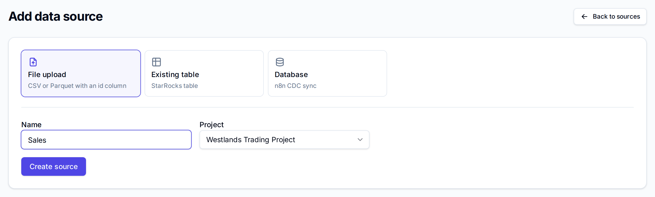 Add data source with File upload selected, Name set to Sales and Project set to Westlands Trading Project