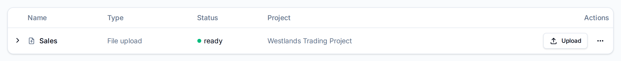 Data Sources table with the Sales file upload in status ready