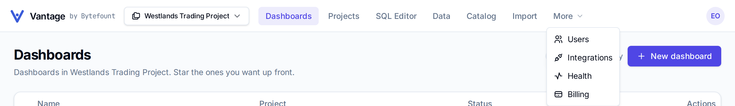 The More menu open with Users, Integrations, Health and Billing