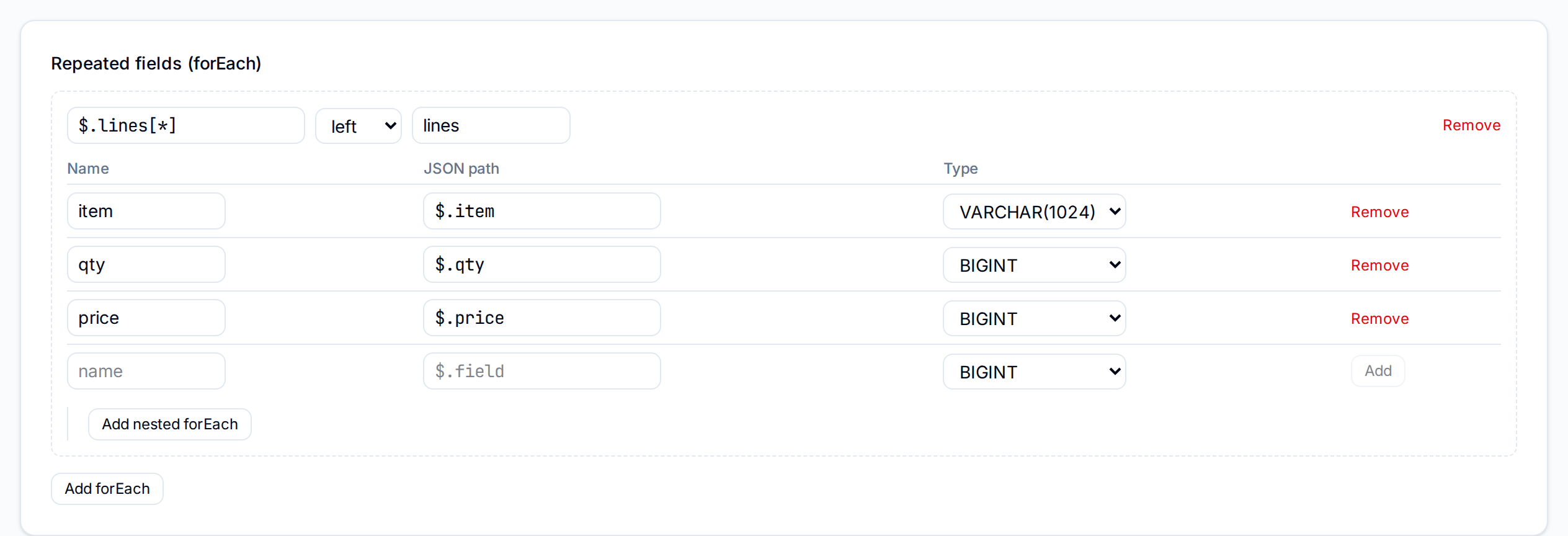 Repeated fields (forEach) with the path $.lines[*], mode left, alias lines, and the columns item, qty and price