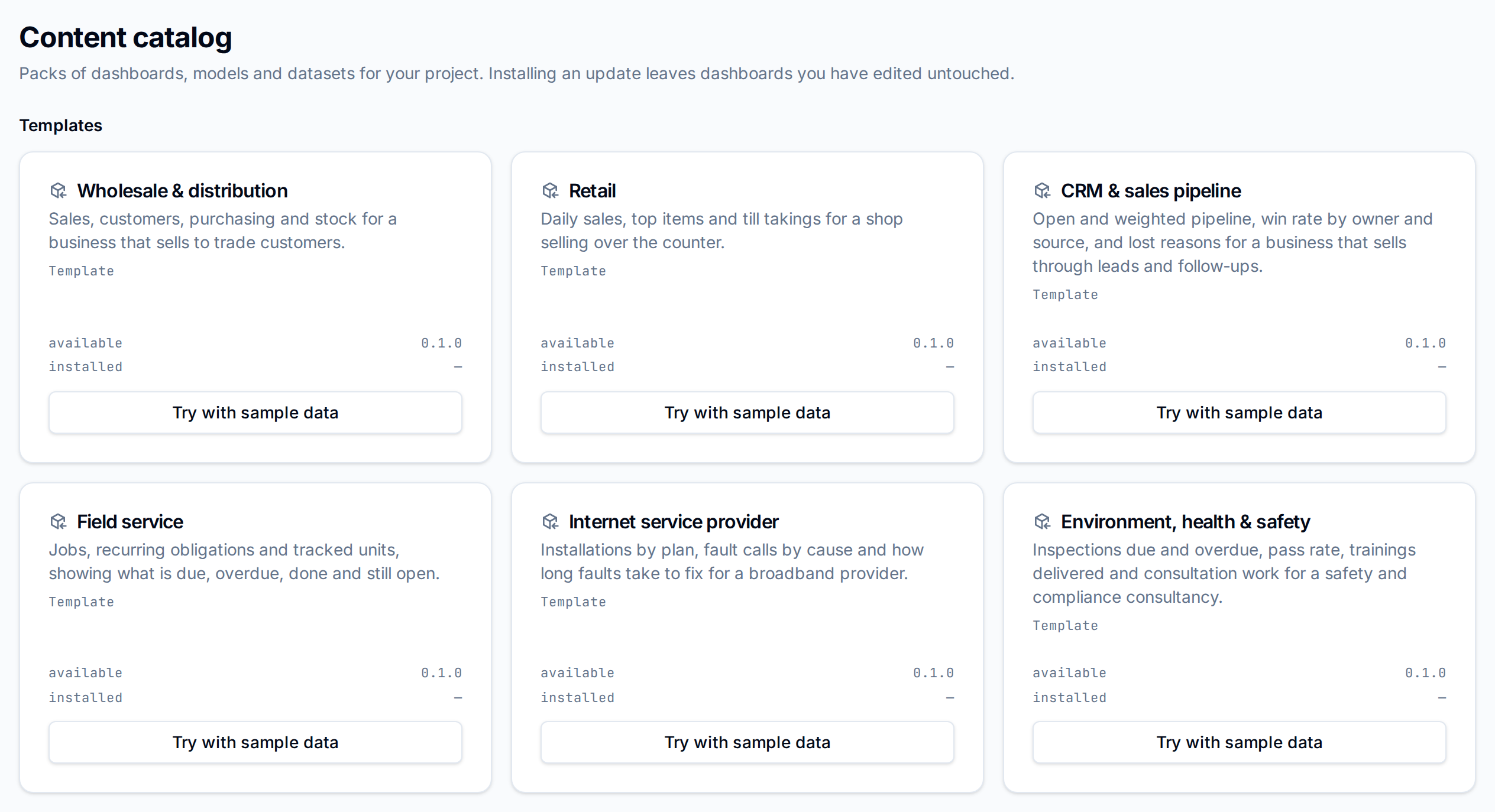 Content catalog with six templates: Wholesale & distribution, Retail, CRM & sales pipeline, Field service, Internet service provider, and Environment, health & safety, each with Try with sample data