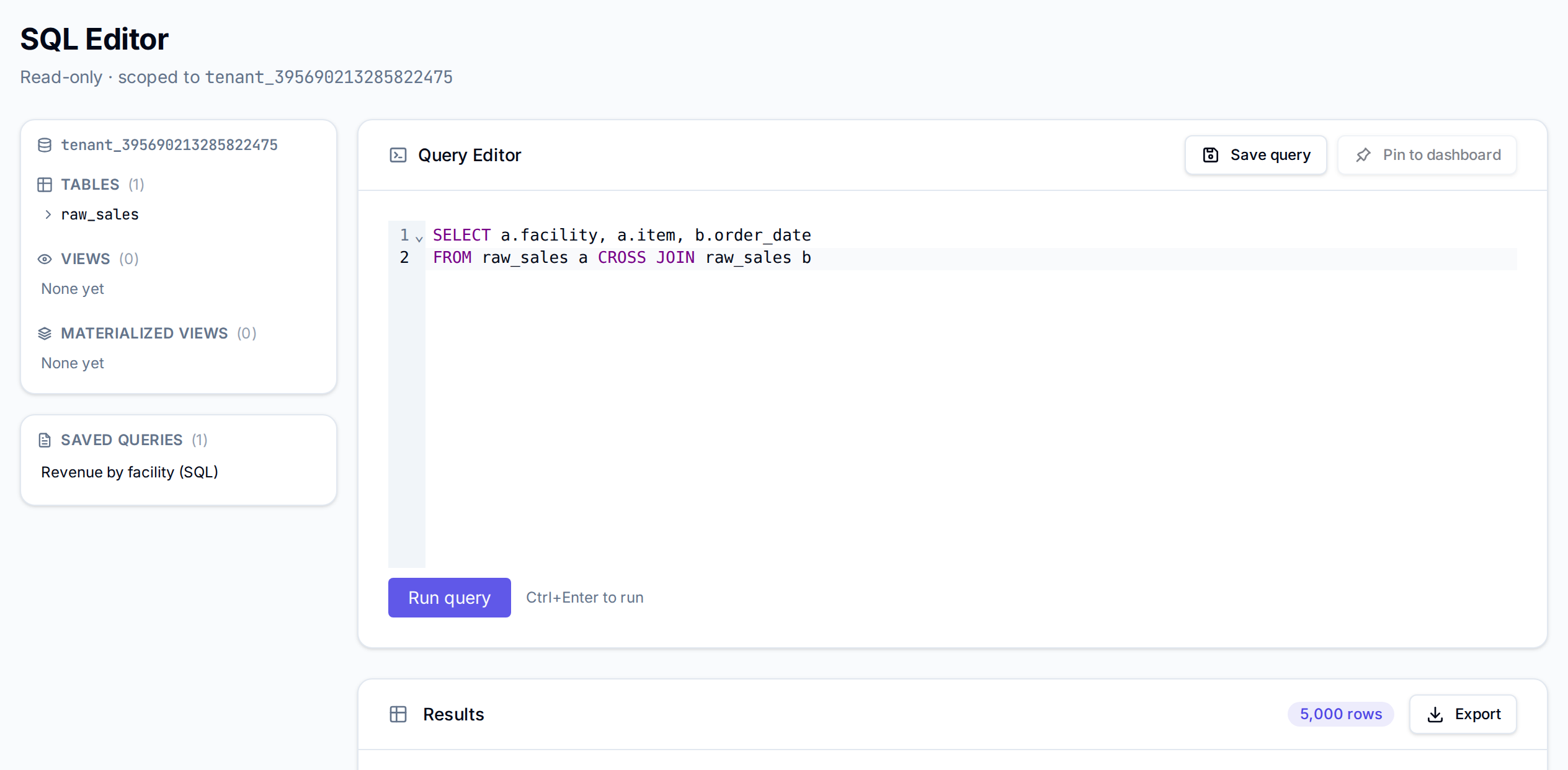 SQL Editor with a cross join of raw_sales against itself, and Results showing 5,000 rows with Export
